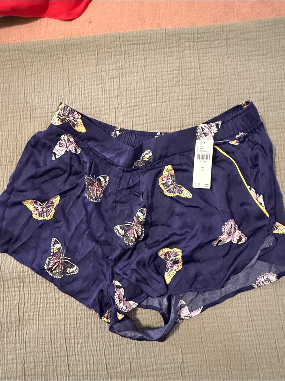 Anthropologie Navy Butterfly Satin Sleep Shorts with Yellow Trim
